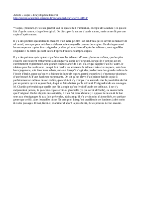 Couverture de Diderot Article sur "copie" dans l'Encyclopédie